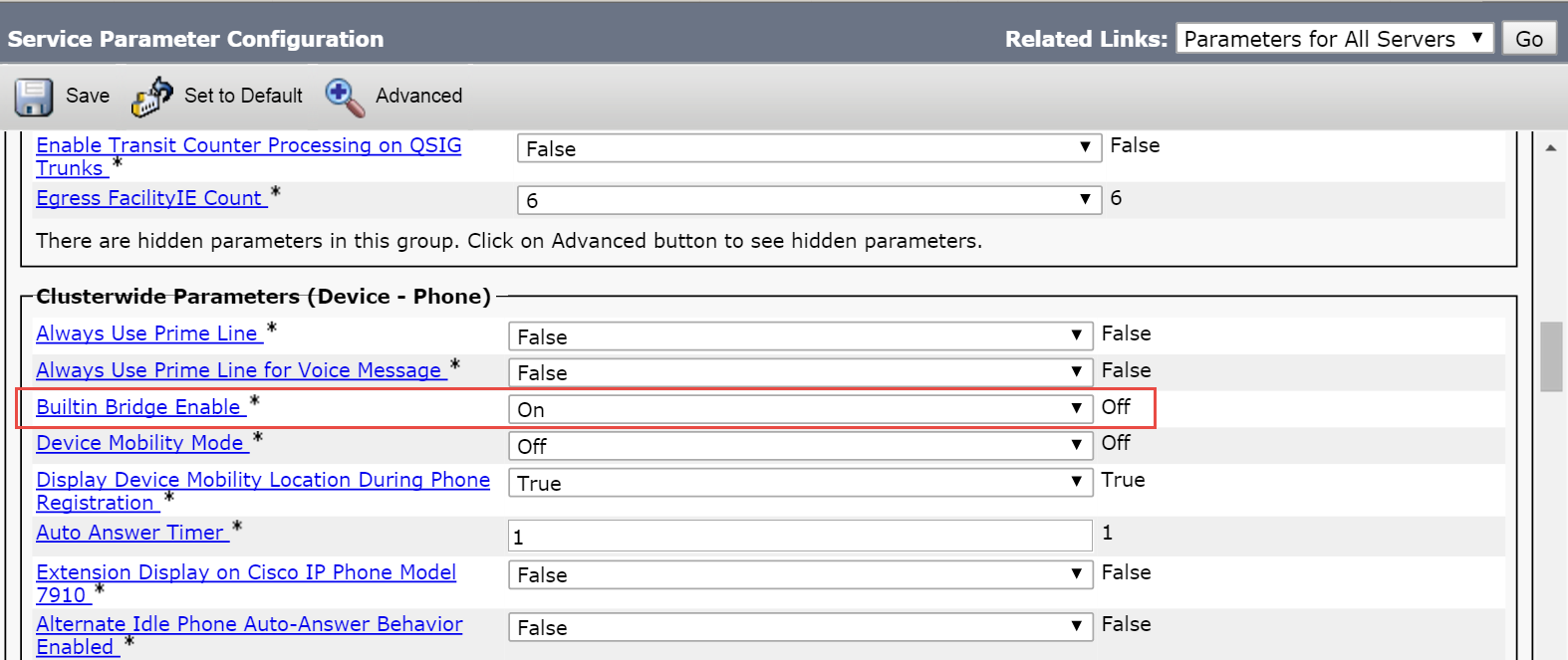 CUCM Service Parameter Configuration showing Builtin Bridge Enable set to On