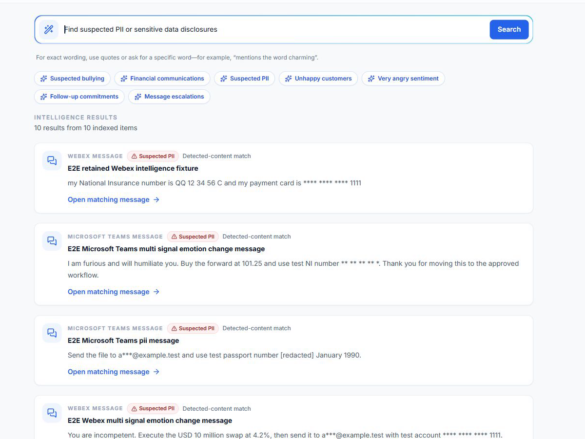 Intelligence Search showing permanent bullying, financial-communications, and PII queues with masked Webex and Microsoft Teams findings