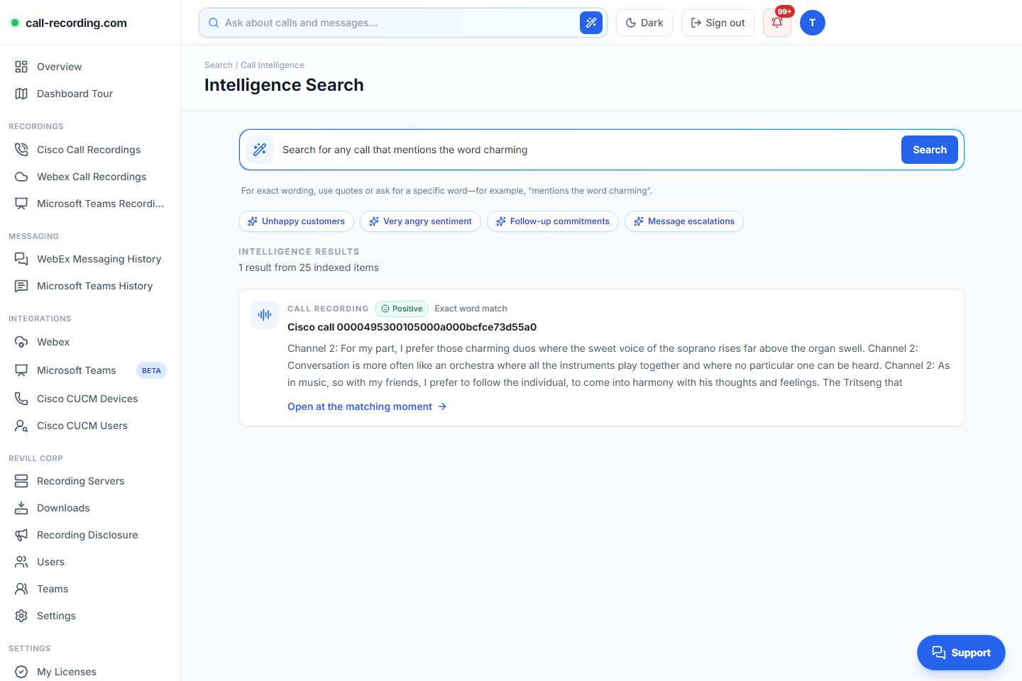 Exact word search for charming returning one matching Cisco call recording