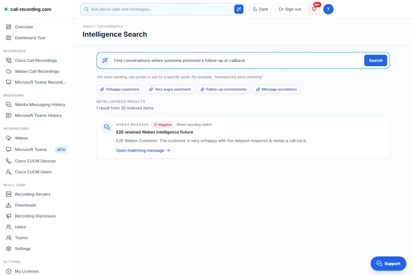 Natural-language callback and follow-up search returning one matching Webex message