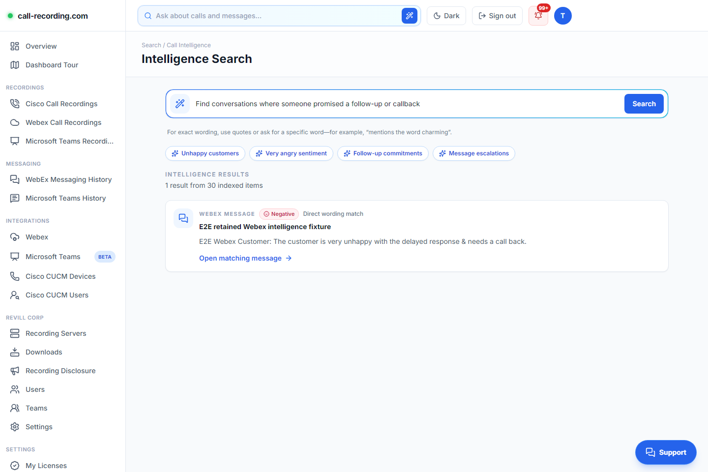 A callback and follow-up search returning the one matching Webex message