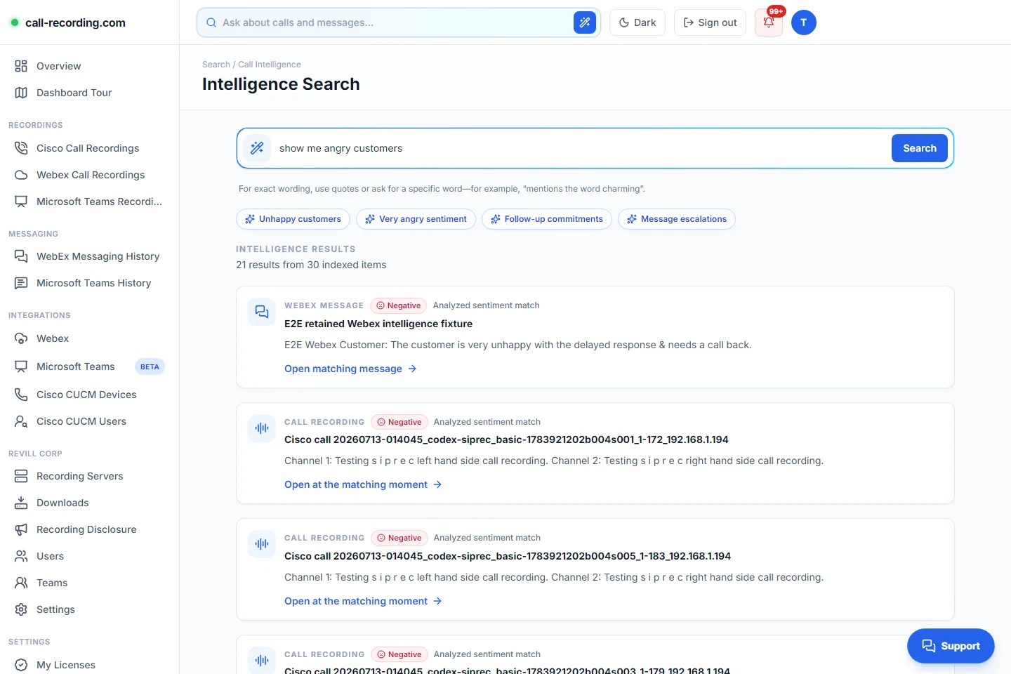 Natural-language call intelligence search for angry customers
