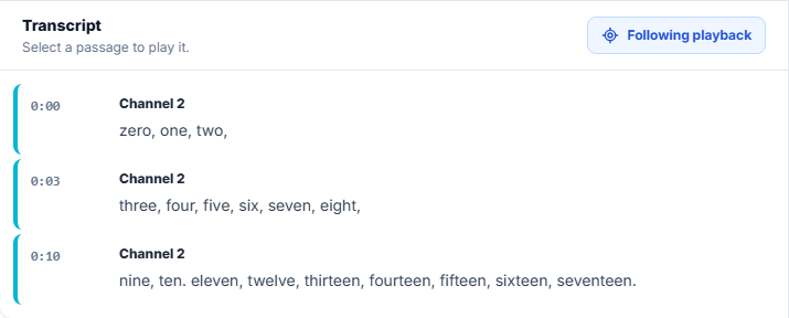 Timestamped transcript passages that seek and follow recording playback
